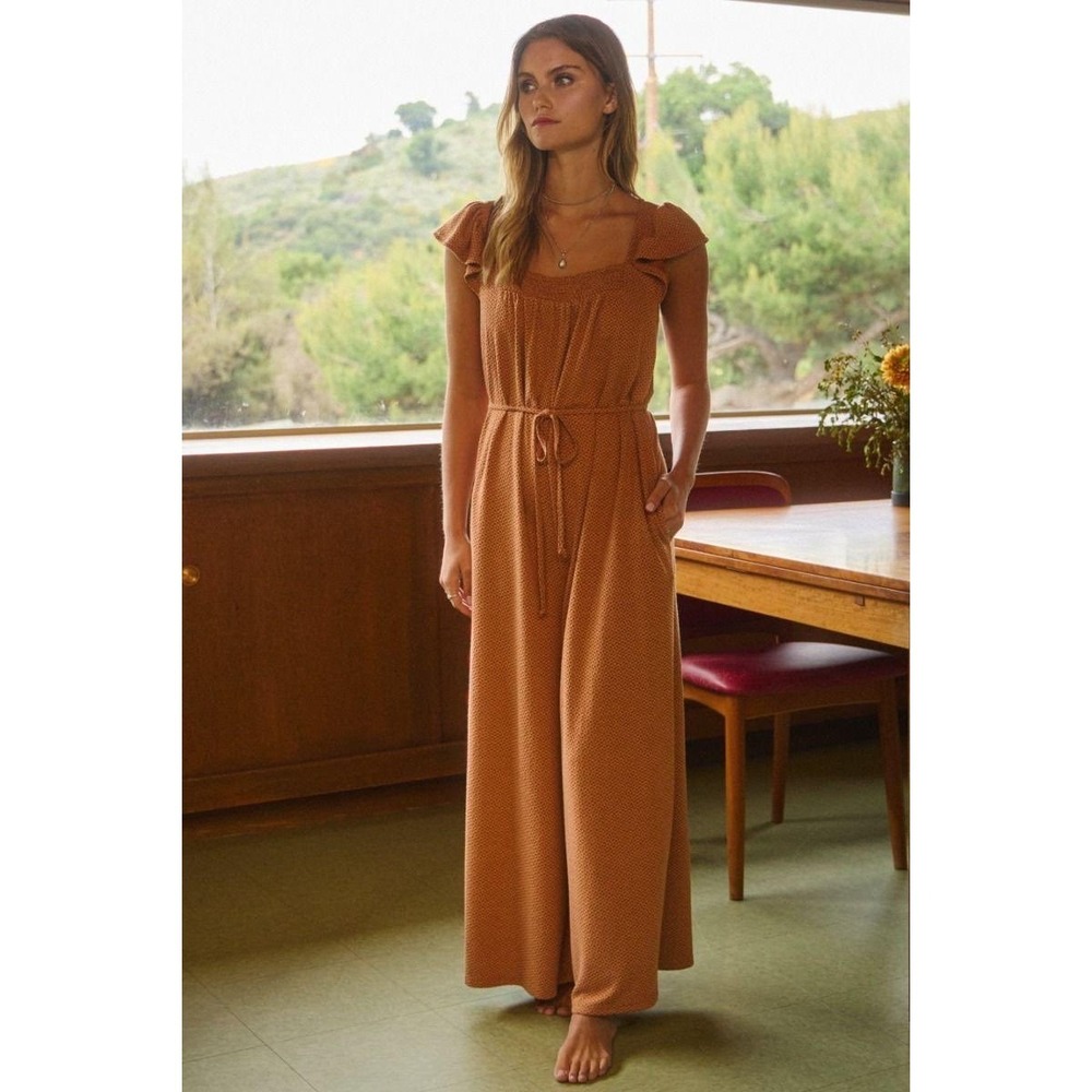 Oddi rust colored jacquard flutter sleeve jumpsuit wide leg women's size 3XL new